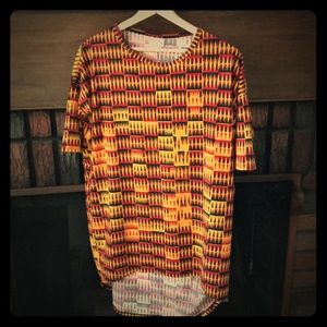 LuLaRoe Irma top with gold, red & black design